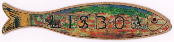 marcador de cortiça em sardinha com letra de lisboa