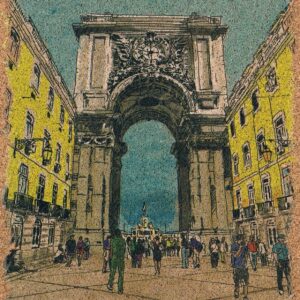 postal de cortiça arco da rua augusta em pintura