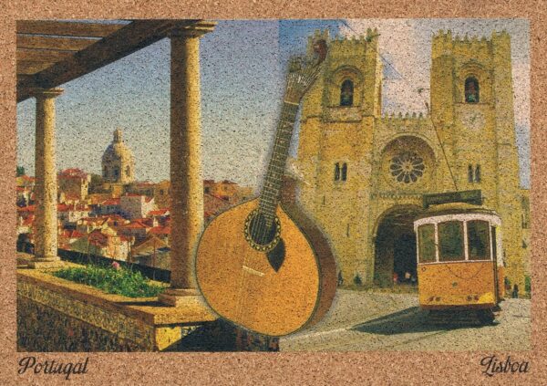 postal de cortiça guitarra portuguesa e imagens de lisboa